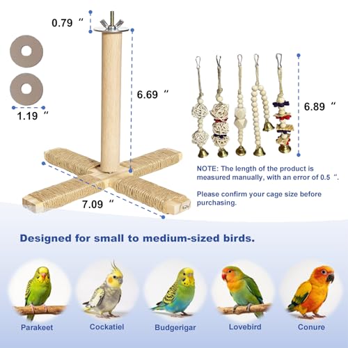 360° Rotating Bird Perch Stand - 4 Perches + 5 Natural Chew Strand, Natural Bird Cage Accessories, for Small & Medium Birds Parakeets Cockatiels Lovebirds Budgies - color: Natural