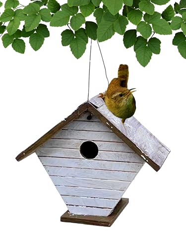 Shiplap Wren House - White Wood | 1.125-Inch Entrance Hole Sized for Wrens - Rear Clean-Out, Cable Hanger, Arrives Fully Assembled