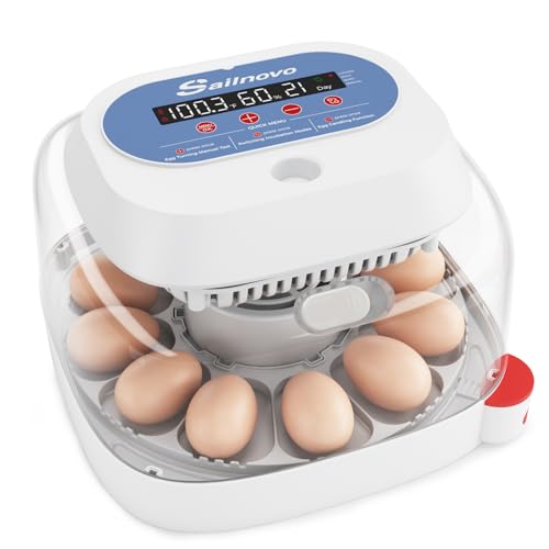 Sailnovo 12 Egg Incubator with Automatic Egg Turning and Humidity Display, 4 Modes Incubators for Hatching Eggs with Bulit-in Candler, 360° View Clear Window, for Chicken, Blue, 11.2x11.2x7.6 inch