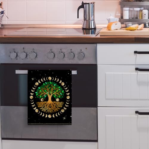 Black Kitchen Dish Towel Set of 2 Ancient Life Tree Tea Towel | Decorative Hand Towels for Kitchen Bathroom Farmhouse Bar Decor, Moon Luna Hippy Decor Drying Cloth 16"x24" - color: Tree Moon