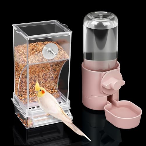 lemtrflo No Mess Bird Feeder Water Dispenser Set, Bird Feeder for Cage | Cage Accessories for Parrot, Finches, Budgies and Canaries - color: pink