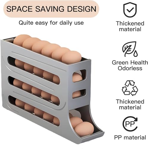 4 Tiers Egg Holder for Fridge Automatic Rolling Egg Dispenser 30 Eggs Storage Rack FIFO Egg Holder for Refrigerator Space-Saving Large Capacity Egg Roller Container Slim Gravity Egg Organizer - color: GREY