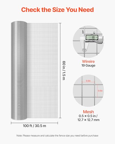 VEVOR Hardware Cloth, 1/2 inch 60 inch x 100 ft 19 Gauge Chicken Wire Fence, Hot-Dip Galvanized After Welding Metal Wire Mesh Roll, Garden Plant Welded Fencing Roll Supports Poultry Netting Cage Fence - size: 1/2 inch 60 inch x 100 ft