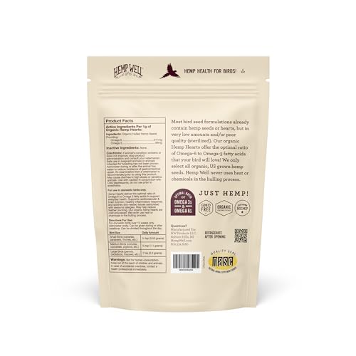 Hemp Well Organic Hemp Hearts –Reduces Feather Plucking, Promotes Relaxation, Immune Support, Organically Sourced, USA Grown, GMO Free – 1 Pound Bag - size: 1 Pound (Pack of 1)