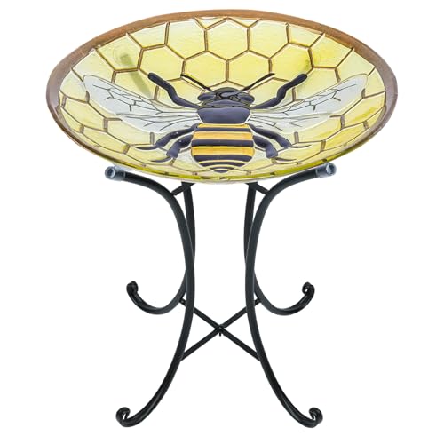 Glass Bird Bath with Metal Stand, Outdoor Feeder Garden Decor, Bee | Glass Large Bird Baths Bowl with Metal Stand for Outdoors, Bee Patterns Bird Feeder for Outside Garden, Patio Decor - color: bee