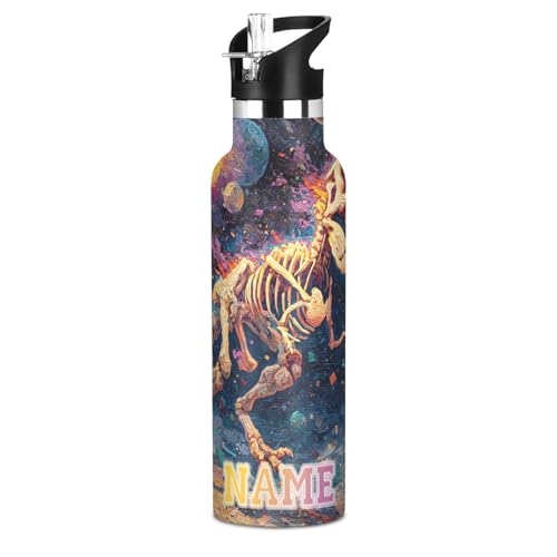 Custom Name Oil Painting T-rex Running Water Bottle for Men Women Personalized Text Insulated ‌Stainless Steel Water Bottle with Straw Lid for School Sport 20 Oz - color: custom oil painting t-rex running