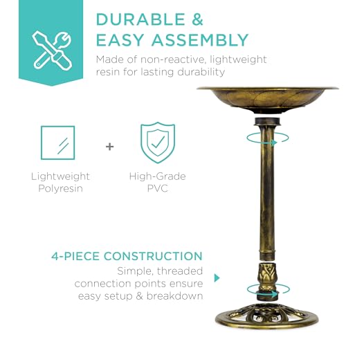 Best Choice Products 28in Pedestal Bird Bath, Vintage Outdoor Resin Accent Decoration w/Fleur-de-Lis Accents - Gold - color: Gold
