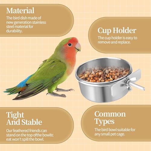 Bird Cage Feeder, Bird Feeder for Cage, 2 Pcs 10oz Stainless Steel Food Water Bowls with Clamp, Hanging Coop Cups for Parrot Cockatiel Hamster Rabbit Rat Small Animals - color: 2pcs-10oz Stainless Steel Bowl with Clamp