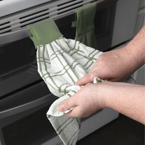 Ritz Premium 100% Cotton Solid and Multi Check Kitchen Tie Towel Absorbent, Super Soft, and Fast Drying Hang Towel, Set of Three, Juniper - color: Juniper, size: Solid & Check, 3-Pk