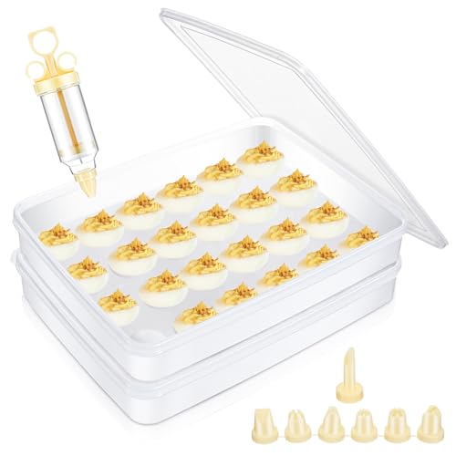 Deviled Egg Carrier with Syringe Stackable Stackable Clear Holder with Lid for Refrigerator Portable 48 Eggs Dispenser Storage Containers Tray(Without Handle) - style: Without Handle