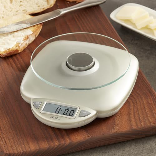 Taylor 11LB Capacity Digital Glass Top Kitchen Scale with LCD Display, Weight in Grams and Ounces for Baking, Cooking, and Meal Prep, Silver
