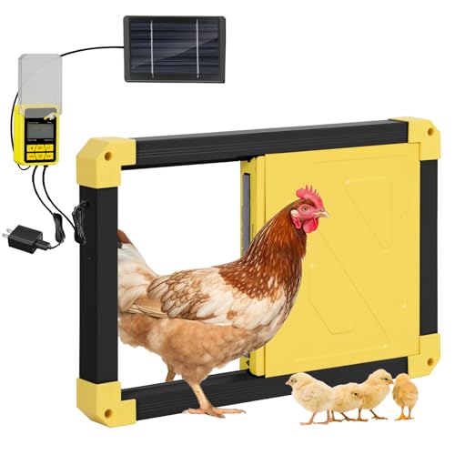 Automatic Chicken Coop Door Powered with Heating, Anti-Pinch Design Solar Chicken Door Opener, Auto Chicken House Run Door with Three Power Supply Modes for Chickens and Ducks (Black)