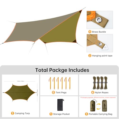 FREE SOLDIER Waterproof Camping Tarp Shelter Awning | Lightweight, Compact, Quick Setup, Waterproof Sun Shelter Campingtarp,For Backpacking, Beach, Travel and Outdoor Activities - color: Greenish Brown 10×12ft