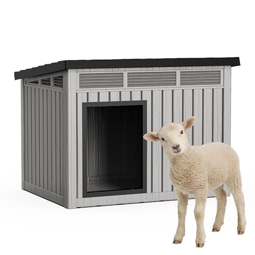 DRATO Goat House, Weather Resistant Resin Dog Houses with Sloped Roof & Louvered Ventilation, Outdoor Small Animal Shelter for Goats and Pets, Easy Assemble, Grey - color: Grey, size: 32.2*25.12*24.13