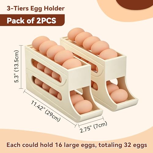 Egg Holder for Fridge - 3 Tiers Auto Rolling Egg Dispenser for Countertop Refrigerator, Kitchen Space-Saving Eggs Roller Storage Container Tray, 2 Packs for 32 Count, Cream - color: Cream