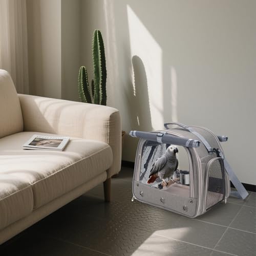 Bird Carrier Parrot Travel Cage with Perch, Food Bowl, Tray and Breathable Clear Window, Bird Travel Bag for African Gray Cockatiel Caique Conure Quaker, for Vetting Camping Hiking (Gray) - color: Gray