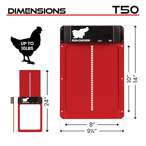 Run-Chicken Door T50 – Automatic Chicken Coop Door Opener, Battery Powered & Weatherproof Aluminum, Smart App & Timer Control, Predator Proof, Easy Install, Reliable All-Season Performance (Red)