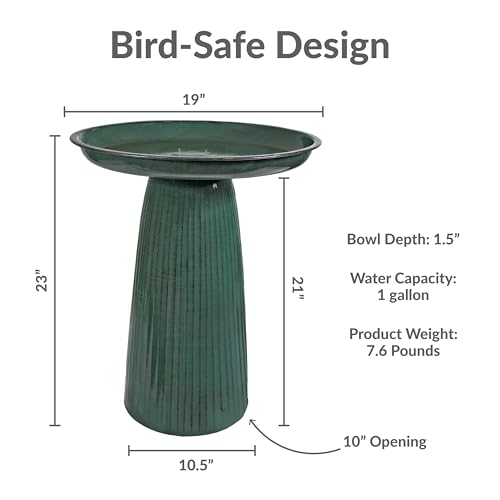 Sunnydaze Modern Bird Bath for Outside, Iron, 23” H, Green Glaze | UV & Rust-Resistant Matte Finish, Durable Iron,1 Gal Water Cap, Outdoor Birdbath for Garden, Pedestal Bird Bath with Bowl - color: Green Glaze