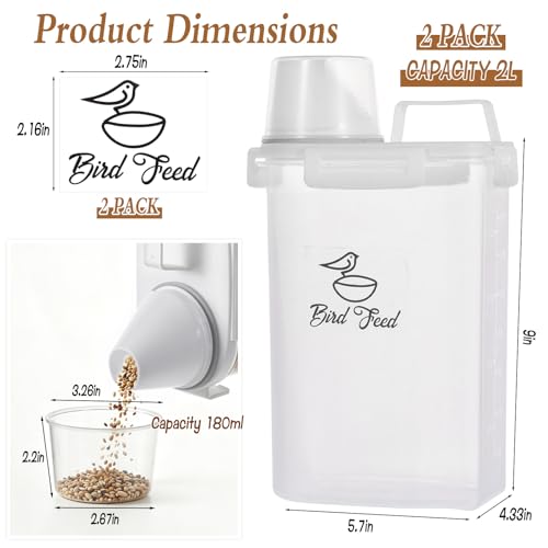 2 Pack Bird Seed Storage Container Airtight- 3 Qt/2.8L Portable Bird Seed Dispenser Pet Food Container with Measuring Cup for Birds Seeds Chicken Feed Pet Food Rice Grain Flour, BPA Free