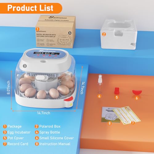 Sailnovo 12 Egg Incubator with Automatic Egg Turning & Temperature Control | Manual & Preset Modes,Built-in Candler,360°View Window,Humidity Display,Chicken Duck Quail Eggs Home Classroom Lab