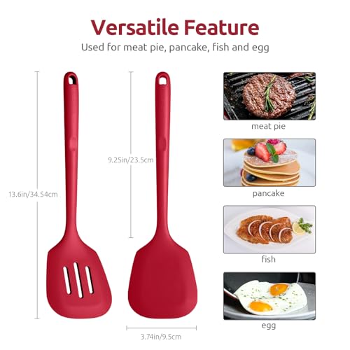 U-Taste 600ºF Heat Resistant 13.6in Long Solid & Slotted Silicone Turner and 600ºF Heat Resistat Silicone Flexible Baking Spoon Spatula & Cooking Scoop Spoonula (Red)