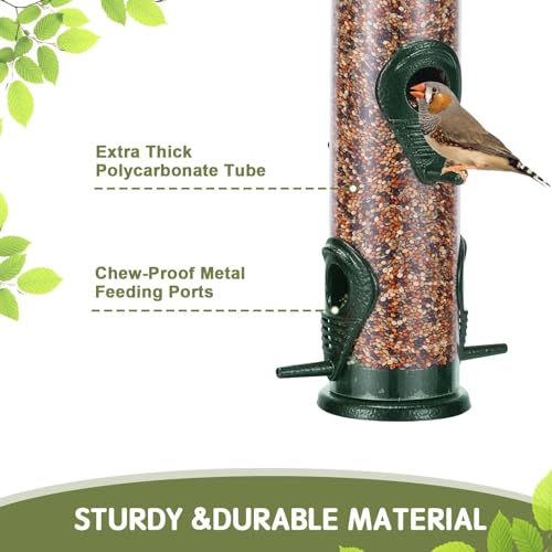 Metal Bird Feeder Tube Hanging Wild Bird Seed Feeder Aluminum Six Port Bird Feeders,1.4 mm Extra Thick Solid Tube Transparent with Steel Hanger Great for Attracting Birds (Green 2PK) - color: Green 2PK