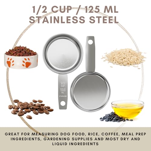 1/2 Cup Stainless Steel Measuring Cup | Sturdy Metal 125 ml | 125 cc | 4 oz | Single Cup for Wet and Dry Ingredients | Great for use as 1/2 Cup Dog Food Scoop - 1 PK - size: 1/2 Cup