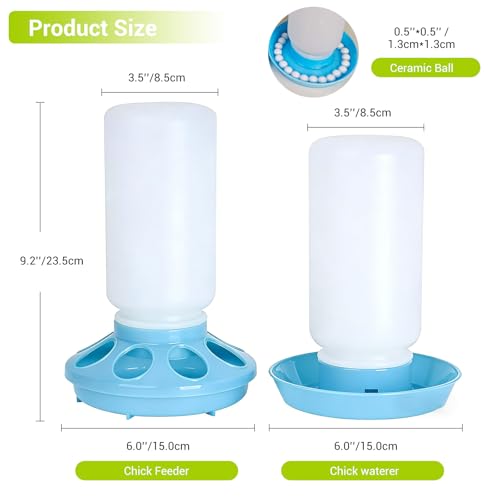 Chick Feeder and Waterer Set, 0.26Gal Quail Waterer with Balls Anti-Drown Chicken Water Feeder no Mess Chicken Supplies in Brooder Poultry Waterer for Ducklings Ducks Button Quails Bird (Blue)