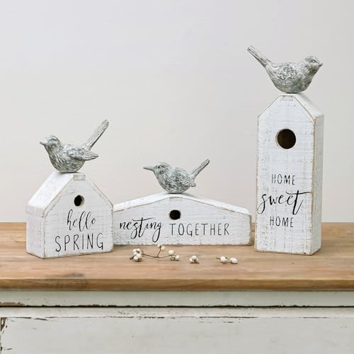 3 Pcs Birdhouse Shaped Wooden Table Decor with Bird Ornament, Rustic Farmhouse Spring Decor for Shelf Mantel Desk Decoration, Housewarming Gift, Hello Spring, Nest Together, Home Sweet Home