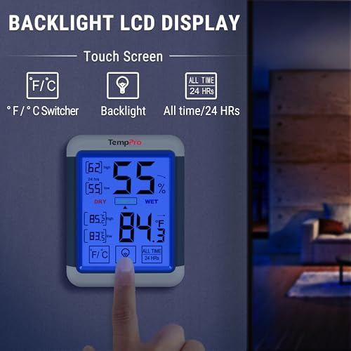 TempPro TempAir Digital Indoor Hygrometer Thermometer with Touchscreen | 4-Inch Temperature/Humidity Monitor with Backlit, Room Thermometer/Humidity Meter for House Home Greenhouse - size: Indoor
