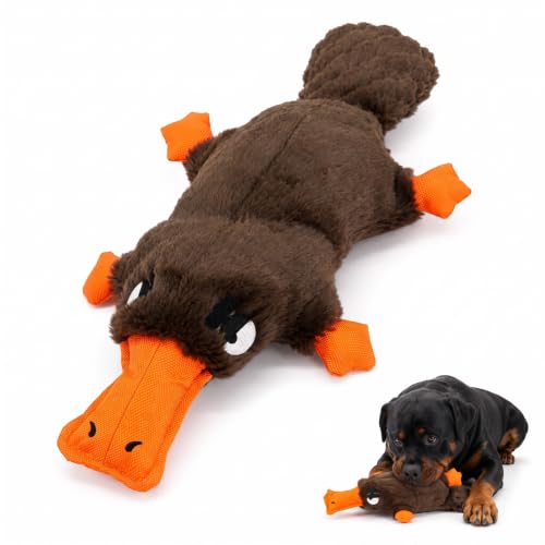 Platypus Squeaky Dog Plush Chew Toy, Interactive Tug Squeaky Toy for Chewers, Medium Large Dogs & Fetch Play, 15 Inch Stuffed Play Toy with Thick Oxford Cloth Beak for Gentle Gum Care - color: Brown (Platypus)