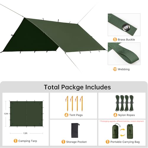 FREE SOLDIER Waterproof Camping Tarp Shelter Awning | Lightweight, Compact, Quick Setup, Waterproof Sun Shelter Campingtarp,For Backpacking, Beach, Travel and Outdoor Activities - color: Dark Green 10×13ft
