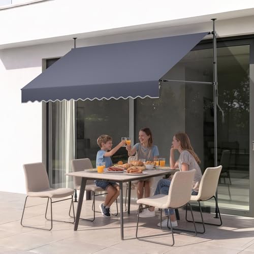 VEVOR Manual Retractable Awning, 98" x 59" Outdoor Patio Awnings Sunshade Shelter with 43"-59" Retractable Side Bar, No Drill Height Adjustable, Crank Handle for Backyard, Balcony, Dark Gray - size: 98x59 in