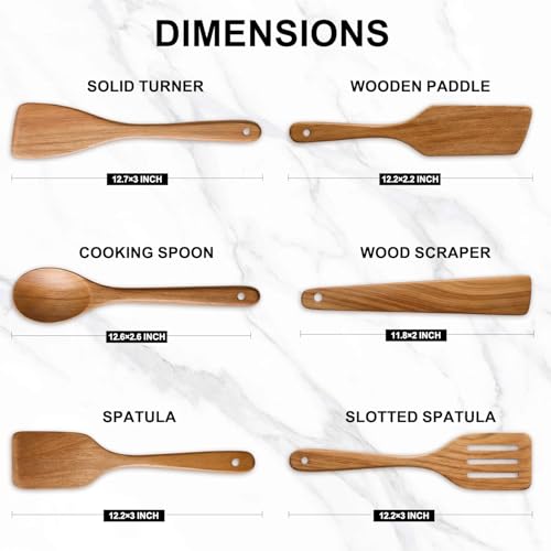 6 Pack Acacia Wood Spatula Set Non Toxic Kitchen Utensils for Cooking Spoon | Flat Wooden Wok Spatula Spurtle Kitchen Spoon Slotted Turner Scraper Bamboo Cooking Utensil Set Fish Egg Flipper Spatulas - color: 6Pcs-Utensils