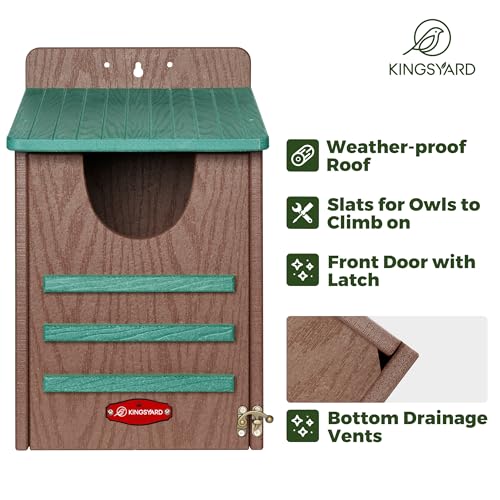 Kingsyard Large Recycled Plastic Wooden Owl House, Waterproof Screech Owl Bird Boxes for Outside, Owl Nesting Box Kit with Screws Ideal for Wildlife, Elf, Pygmy, Garden, Air Ventilation. Green
