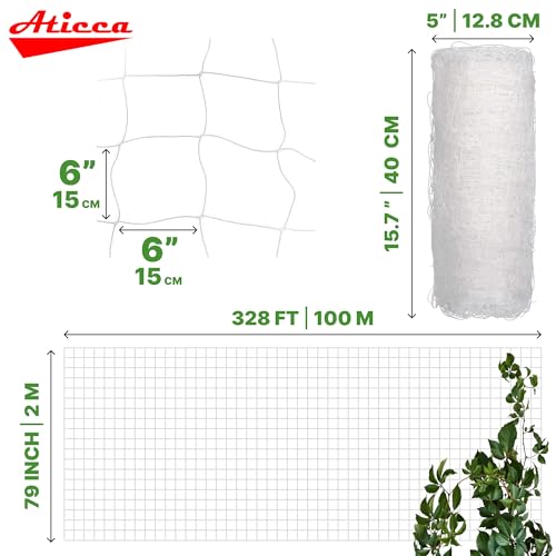 ATICCA Plastic Trellis Netting 79" x 328 ft Heavy Duty Plant Support Netting White - 6 Inch Garden Trellis on Roll - Mesh for Growing Vine Climbing Plants, Flowers, Peas, and Cucumber - size: 79''x328ft Plastic Trellis Netting