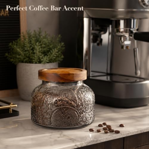 Decorative Grey Embossed Glass Jar with Airtight Wooden Lid, 25.4 fl. oz | Wide mouth vintage storage canister, kitchen pantry bathroom organization, coffee sugar tea cookie candy candle vase gift - size: 25.4 Ounces, style: Grey Flower
