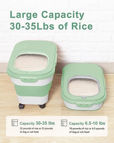 20-30 Lbs Rice Storage Container,Collapsible Food Storage Container | Flour Storage Container with Wheels Airtight Locking Lid,Cat Food Container Double Seal,Keep Fresh for Pet Food,Rice,Flour - color: Light Green/20-30LBS