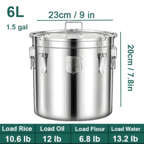 1.5Gal 304 Stainless Steel Containers with Lid, 202oz Airtight Flour Container, 5-10lbs Kitchen Metal Airtight Canisters for Rice, Flour, Grain, Coffee Bean, Sugar, Cookie 6L - size: Standard 6L/1.6gal