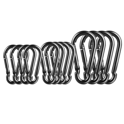 DELSWIN 12 Pcs Black Carabiner Clip, Includes Mini 1.57 Inch Carbineers, Small 1.97" Snap Hooks, Medium 2.36 Inch Carabiner Heavy Duty, Rustproof Caribiner Keychain Hook for Backpack Hiking Camping - color: 12P Comb-M4+M5+M6