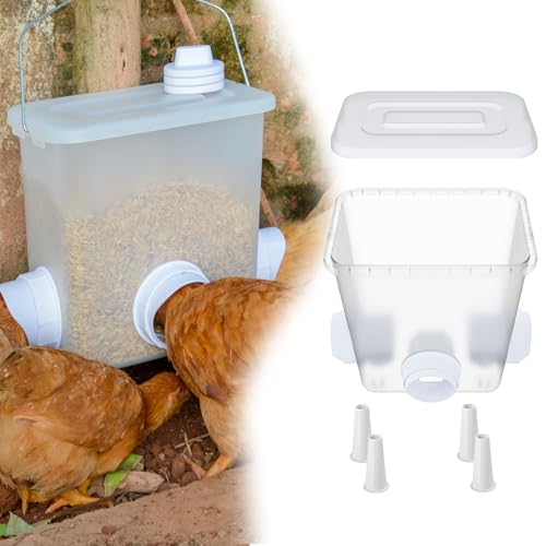 Chicken Feeder with No Waste Ports, Automatic Poultry Feeder for Chickens, Gravity Chicken Feeders Kit for Outdoor Coop, 2.8 Gal-Capacity Bucket with Legs