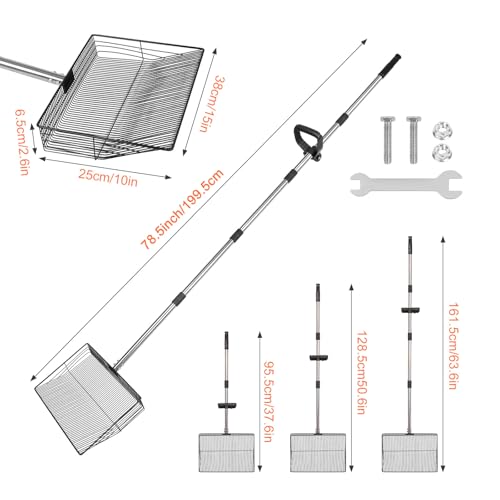 15 inch Large Chicken Poop Scooper with Ergonomic Grip, 6 in 1 Detachable Chicken Scooper for Poop Shovel (20 to 79"), Stainless Steel Sifting Shovel for Chicken Coop/Goat Stall/Stable Cleaning Tool
