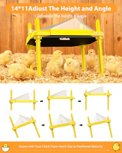 Chick Brooder Heating Plate, 14"x11"Adjustable Temperature & Height Heating Plate for Chicken with Anti-Roost Cone, Easy-Clean Poultry Coop Heater for Up to 18-22 Chicks (Yellow)