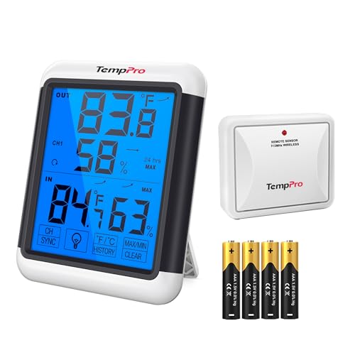 TempPro TempAir Indoor Outdoor Thermometer Digital Wireless Hygrometer | Temperature Humidity Monitor with Jumbo Touchscreen and Backlight Humidity Gauge,LCD - size: In-Outdoor