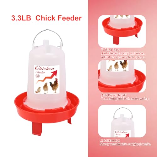 Chick Feeder and Waterer Set Top Fill 3.3LB Feeder and 0.4Gal Waterer with 3 Adjustable Heights Legs for Chicks