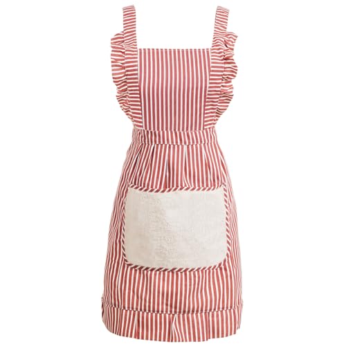Cute Cotton Apron for Women, Adjustable Bib Cooking Kitchen Aprons with Pockets for BBQ Drawing Baking - color: Red