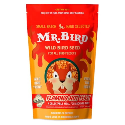 Mr. Bird Flaming Hot Feast Spicy Wild Bird Seed, 4lb Resealable Bag | Spicy Bird Seed for Outside Feeders | Premium Blend of Mealworms, Peanuts, Hot Pepper | Keeps Squirrels Away | Loose Seed Bag - size: 4 Pound (Pack of 1)
