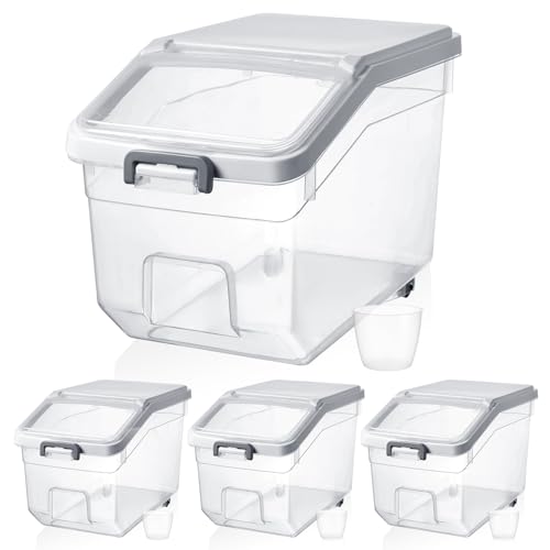 4 Pcs Rice Storage Container 22 lb Airtight Flour Container with Wheels Measuring Cup Clear Pet Food Cube Dog Cat Birds Food Bin Grain Cereal Organizer Box for Dry Baking Supplies(White Lid) - color: White Lid, size: 22 lb