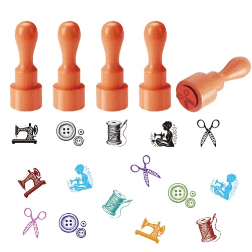 AHANDMAKER 5 Styles Sewing Theme Stamps, Sewing Machine, Buttons, Needle, Thread Pattern Mini Wooden Unique Designs Drawing Stamps for DIY Making Scrapbooking Card Stamping Crafting(No Ink Include) - style: Sewing