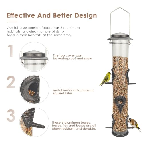 1PK Metal Wild Bird Feeder,Squirrel Proof Bird Feeders for Outside,Hanging 6 Port Tube Bird Feeder Transparent Finch Bird Feeder for Attracting Birds in Your Lawn, Garden, Balcony – Coffee - color: Coffee